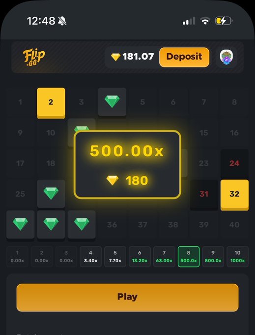 A screenshot of a mobile gambling app called 'Flip.gg' showing a betting grid with a 500.00x potential payout of 180 diamonds and a balance of 181.07.