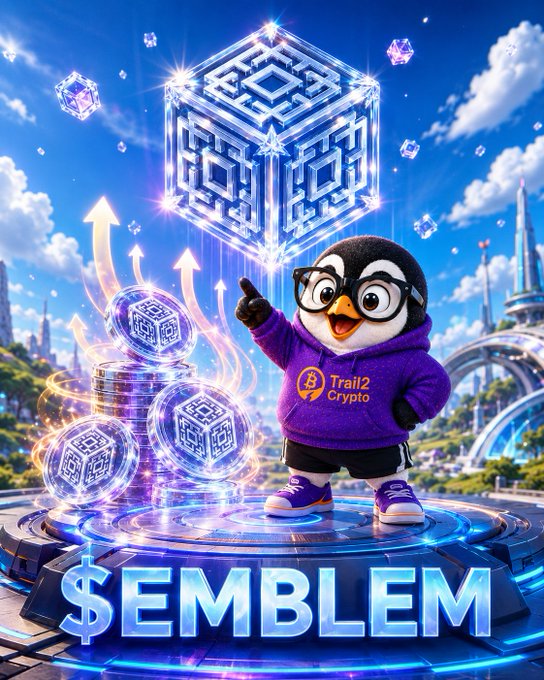 A cartoon penguin wearing a purple "Trail2 Crypto" hoodie points toward a glowing futuristic cube emblem, with "$EMBLEM" displayed in bold text below as cosmic coins swirl around it, visually representing the multi-stage rebranding journey from TNSR to HUSTLE to the newly launched $EMBLEM ecosystem.