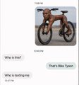 A chat screenshot showing an image of a brown toy BMX bike with messages reading "Who is this?", "Who is hosting my", and "That's Mike Tyson."