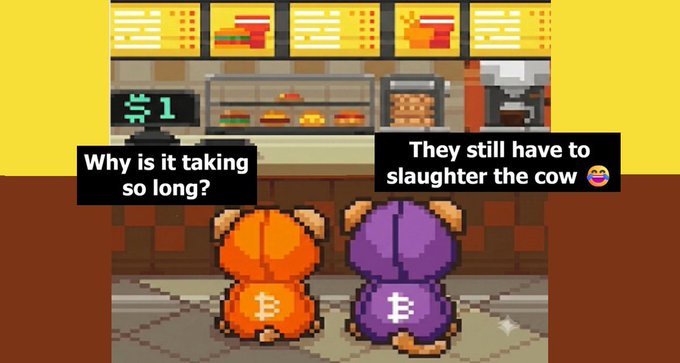 A pixel-art meme showing two dog characters (one orange, one purple) with Bitcoin symbols on their backs waiting at a counter, with text reading 'Why is it taking so long?' and 'They still have to slaughter the cow 😂'.