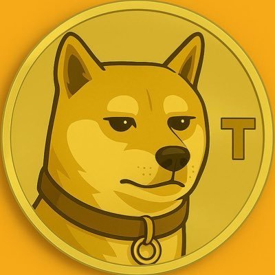 A golden Dogecoin-style crypto coin featuring a Shiba Inu dog face with a collar and tag, marked with a 'T' symbol on an orange background.