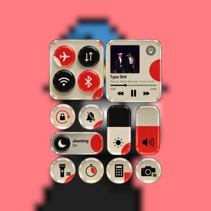 A digital illustration of a smartphone control center interface with red, black, and cream-colored widgets showing airplane mode, Wi-Fi, Bluetooth, music controls for 'Type Shit' by Future, Metro Boomin, and Travis Scott, brightness, volume, flashlight, rotation lock, Do Not Disturb, and camera shortcuts against a pink background.