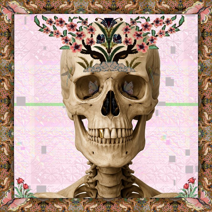 A human skeleton with butterflies in its eye sockets is crowned by a vibrant floral Persian carpet fragment, set against a pixelated pink background and ornate border, illustrating the NFT "The Frame of the Inner Garden" by artist OE.