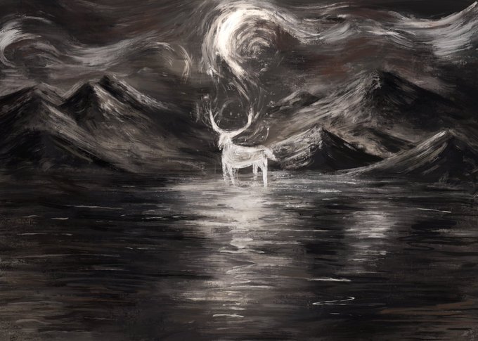 A moody black and white painting depicts a glowing stag standing in water, surrounded by dark mountains under a swirling, moonlit sky.