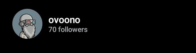 Profile header for user 'ovoono' showing 70 followers alongside a cartoon avatar of a bearded figure wearing goggles.