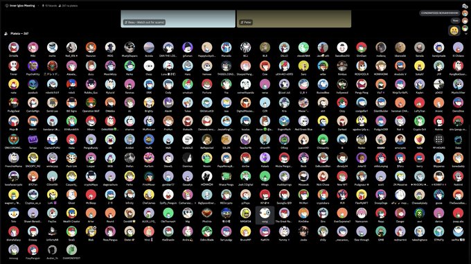 A dark-themed NFT collection gallery titled 'Inner Igloo Meeting' displaying hundreds of circular avatar thumbnails arranged in a grid layout.