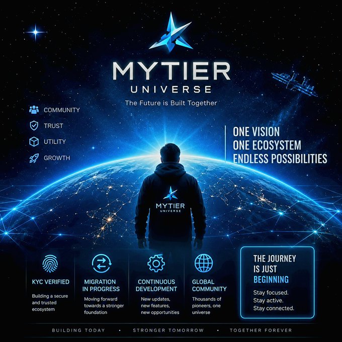 The image features a man standing under a star, with the words "Mytier Universe" displayed above him. The background shows a planet surrounded by stars, creating an atmosphere reminiscent of outer space. Below the main image, there are several icons representing different aspects of cryptocurrency and blockchain technology. These icons include symbols for Bitcoin, Ethereum, Ripple, and others. The text in the image reads: "Focus on what is in the image and how it relates to the post". This suggests that the image might be promoting a specific cryptocurrency or blockchain project, such as Bitcoin, and encouraging people to pay attention to its potential benefits and opportunities.