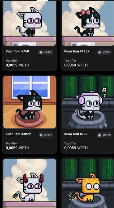 Grid of Kuan Tom NFT listings showing pixel art cat characters with various top offers of 0.0059 WETH each.