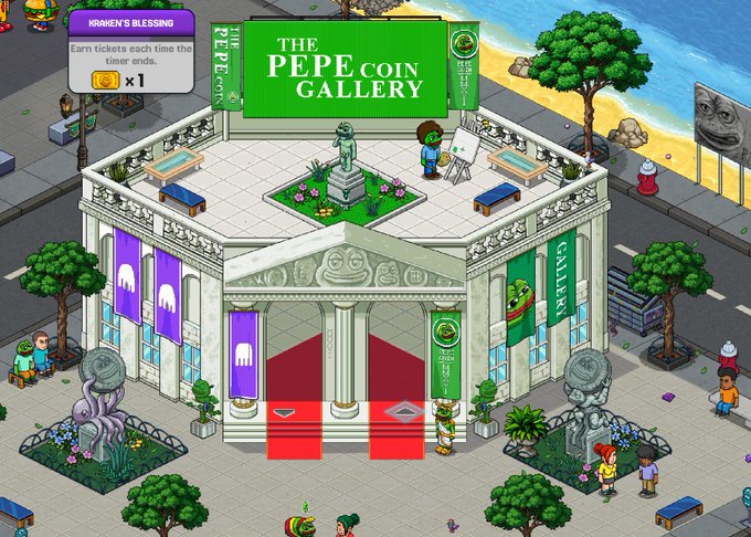 A pixel-art scene of 'THE PEPE COIN GALLERY' featuring Pepe statues, art displays, and various characters in a beachside city setting, with a 'KAMEN'S BLESSING' ticket notification.