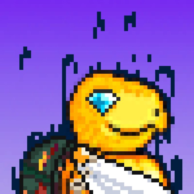 A pixel art illustration of a yellow, one-eyed creature holding a green bottle, set against a solid purple background.