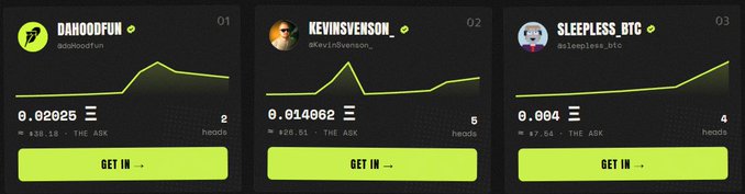 A screenshot displaying three cryptocurrency token cards—DAHOODFUN ($dahoodfun, 0.02026), KEVINSVENSON_ ($KevinSvenson_, 0.014062), and SLEEPLESS BTC ($sleepless_btc, 0.094)—each with price charts and green "GET IN" buttons, illustrating the early entry positions highlighted in the post about apeing into these tokens.