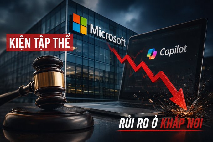 A graphic featuring the Microsoft logo and Copilot on a laptop with a downward red arrow, accompanied by a gavel and the Vietnamese text "KIỆN TẬP THỂ" and "RỦI RO Ở KHẮP NƠI".
