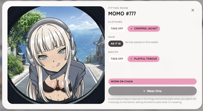 A mobile app 'Fitting Room' screen displaying an anime-style character named 'MOMO #777' wearing headphones, with options to equip clothing like a 'Cropped Jacket' and 'Playful Tongue'.