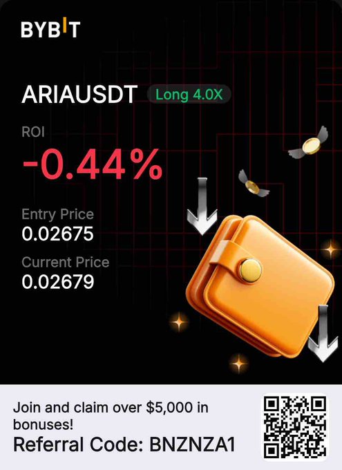 A Bybit trading interface displays a long position on ARIAUSDT with 4.0x leverage, showing a current ROI of -0.44% with an entry price of 0.02675 and current price of 0.02679, alongside a promotional QR code and referral code "BNZNZA1."