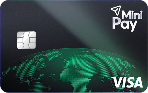 The image features a black MiniPay Card with a green map of the world printed on it. The card has a Visa logo at the bottom, indicating its association with Visa payments. The text "MiniPay Card" is written above the map, suggesting that this card can be used for both online and offline transactions without any abusive exchange fees.