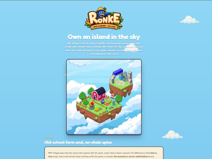 A promotional image for RONKE, an on-chain FarmVille game. The text reads 'Own an island in the sky' and describes 'RRF Village: a the on-chain FarmVille, the farm game you grew up with,' with a pixel-art floating island featuring a farm, barn, and trees.