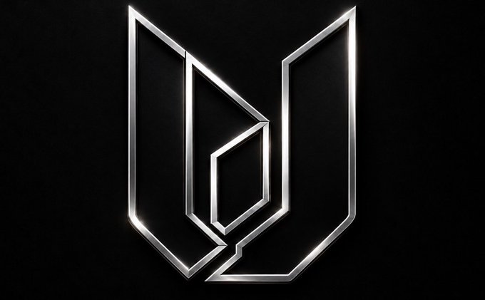A metallic silver geometric logo resembling a stylized 'N' or angular emblem on a black background.
