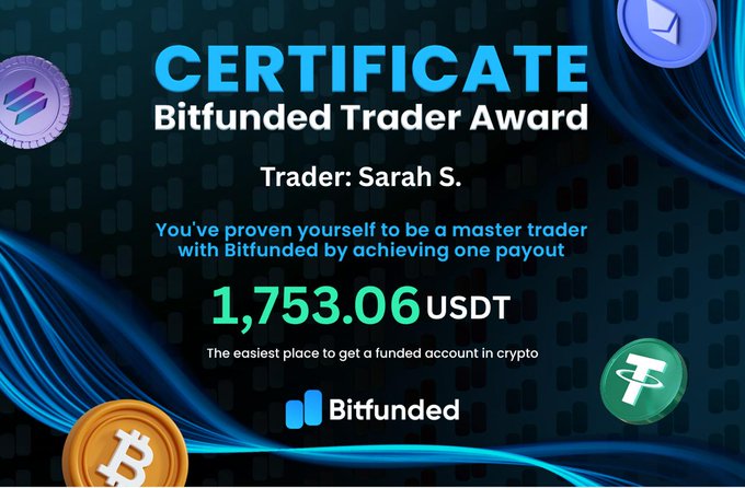 A Bitfunded Trader Award certificate celebrating Sarah S. for achieving a 1,753.06 USDT payout, featuring Bitfunded and Tether (USDT) branding alongside Bitcoin and Ethereum icons, which visually reinforces the accompanying post's message about Sarah S.'s profit withdrawal and Bitfunded's crypto-funded trading success.