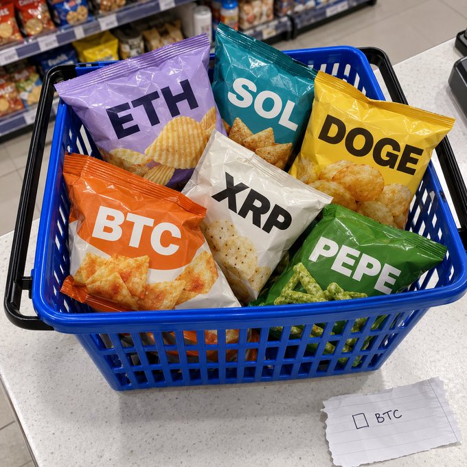 A blue shopping basket is filled with snack bags labeled "BTC," "ETH," "SOL," "DOGE," "XRP," and "PEPE," with a small note on the counter below reading "☐ BTC." The image humorously illustrates the post's message—one shopper's "BTC" shopping list quickly expanded into an impulse haul of trending crypto tickers, exactly the kind of detour that turned a focused trip into a full basket.