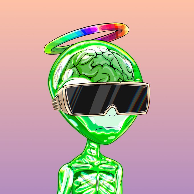 A digital illustration of a translucent green alien character with a visible brain, wearing futuristic VR-style sunglasses and a rainbow halo above its head, set against a pink gradient background.
