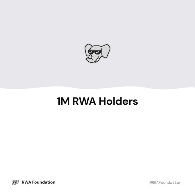 A minimalist graphic celebrating '1M RWA Holders' featuring a small cartoon dog logo wearing sunglasses, with 'RWA Foundation' and '@RWAFoundation_' credited at the bottom.