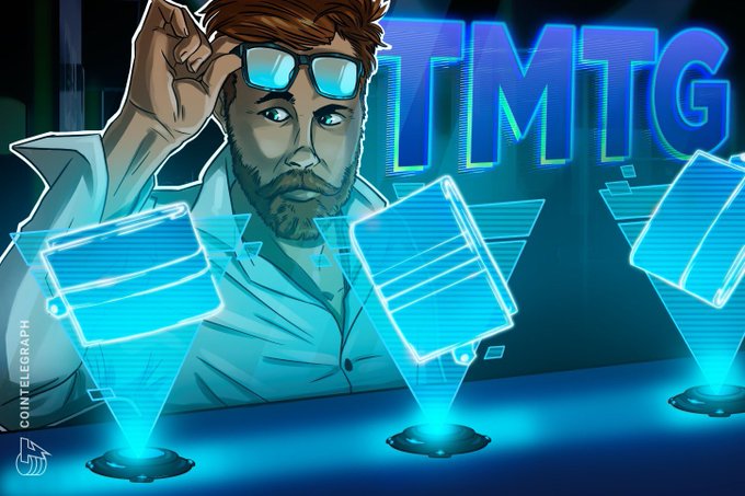 A Cointelegraph illustrated graphic featuring a cartoon man lifting sunglasses with glowing blue holographic credit cards floating around him and 'TMTG' displayed prominently in blue letters.