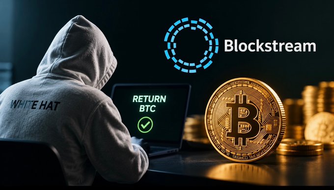 Promotional graphic for Blockstream featuring a hooded 'WHITE HAT' hacker figure at a laptop displaying 'RETURN BTC' with a green checkmark, alongside a large gold Bitcoin coin and the Blockstream logo.