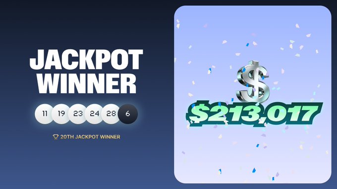 A graphic displays 'JACKPOT WINNER' with the numbers 11, 19, 23, 24, 28, 6, and shows a '$213,017' prize with a dollar sign and confetti.