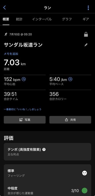 A Japanese running app screen showing a Sandal-zaka run activity on July 10th, with 7.03 km distance, 152 bpm average heart rate, 5:40/km average pace, 39:51 total time, and 356 calories burned.
