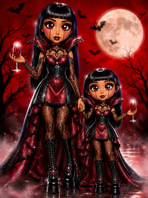 A vampire mother and her mini-me daughter strike a gothic pose against a blood-red full moon, both dressed in matching ornate red and black corseted gowns with lace tights and platform boots while holding wine glasses. The image visualizes the "Classy Sassy Girls" NFT collection concept, where each holder unlocks a corresponding "lil daughter" character that mirrors the mother's elegant vampiric style.