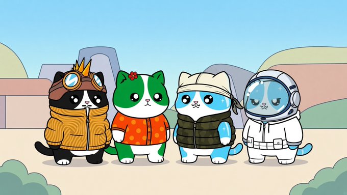 Four cartoon cat characters dressed in different outfits (aviator goggles, kimono, headband, and astronaut suit) standing together in an outdoor setting.