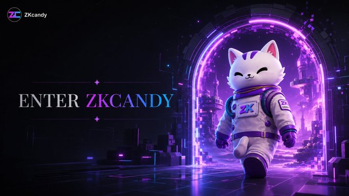 A promotional graphic for ZKcandy featuring an animated cat mascot in a spacesuit walking through a glowing purple portal, with the text 'ENTER ZKCANDY'.