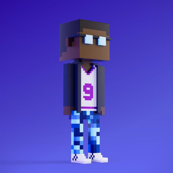 A voxel-style 3D character with a blocky head, glasses, and a white jersey featuring a purple "9" stands against a vibrant purple background, reflecting the pixelated art aesthetic associated with the Meebits NFT collection.