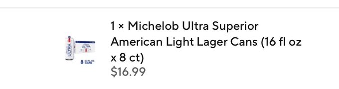 A product listing shows a 8-pack of Michelob Ultra Superior American Light Lager Cans (16 fl oz) priced at $16.99.