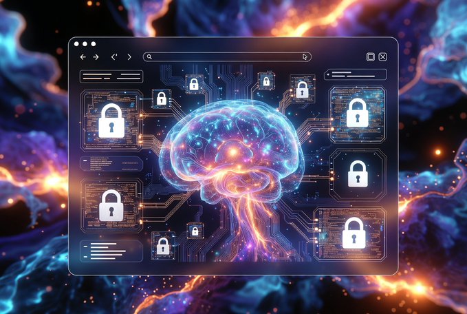 A digital illustration of a glowing brain inside a computer browser window surrounded by padlock icons, symbolizing cybersecurity or data protection.