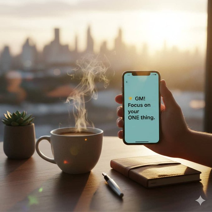 A hand holding a smartphone displaying a text message reading '☀️ GM! Focus on your ONE thing.' next to a steaming coffee mug and notebook on a desk overlooking a city skyline at sunrise.