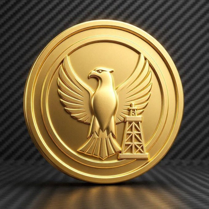 A shiny gold coin embossed with a falcon or eagle and an oil derrick, set against a carbon fiber textured background.