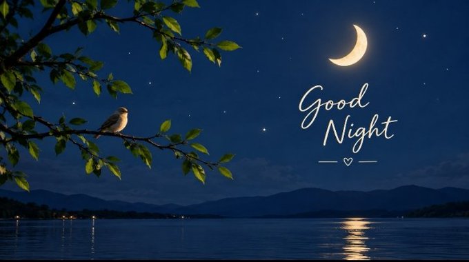 A serene nighttime landscape shows a bird perched on a leafy branch with a crescent moon in the sky above a calm lake, accompanied by the text 'Good Night'.