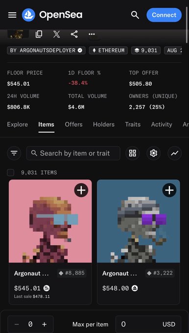 An OpenSea NFT marketplace page for the 'Argonauts' collection by ArgonautsDeployer on Ethereum, showing a floor price of $545.01, a -38.4% 1D floor change, and pixel art character NFTs.