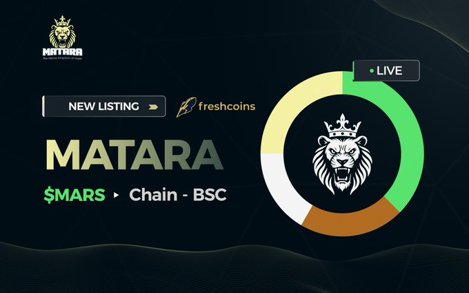 The image features a poster with a lion's head, which is the main focus of the poster. The poster also includes text that reads "New listing @FreshCoinsIo! Martians it' s time to spread the word!" and "Fresh coins Io". This suggests that there might be an event or promotion related to fresh coins in the area where this poster was displayed, possibly involving a new listing on a cryptocurrency exchange.