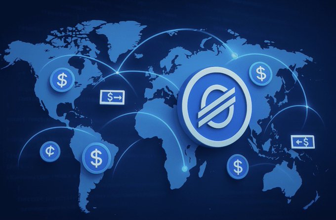 A digital graphic showing a world map with dollar signs, currency symbols, and a large Stellar (XLM) cryptocurrency logo connected by glowing lines, illustrating global financial transactions.