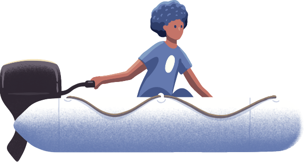 An illustration of a stylized person with curly hair in a blue shirt appearing to ride a surfboard-like object while holding a motorcycle handlebar, set against a white background.