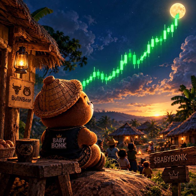 A digital artwork featuring a teddy bear wearing a 'BABY BONK' shirt and a straw hat sitting at a 'BullNBear' stall, looking at a rising green candlestick chart stretching into the sky, with a '$BABYBONK' sign in the foreground.