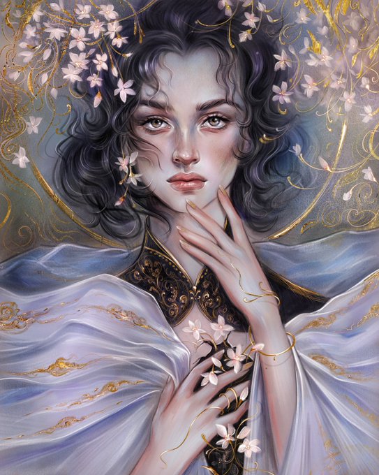 A fantasy-style digital illustration depicts a woman with dark hair adorned with white and pink flowers, wearing a flowing white and gold garment, with gold jewelry and intricate details.
