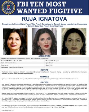 An FBI Ten Most Wanted Fugitive poster for Ruja Ignatova, the 'CryptoQueen' wanted for conspiracy to commit wire fraud, wire fraud, money laundering, and securities fraud related to OneCoin.