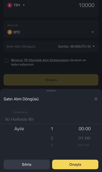 A Binance TR app screenshot showing an automated BTC purchase setup for 10,000 TRY with a recurring monthly buy cycle option (Haftalık, İki Haftada Bir, Aylık) being selected, illustrating the post's message about dollar-cost averaging Bitcoin through small, regular automated buys.