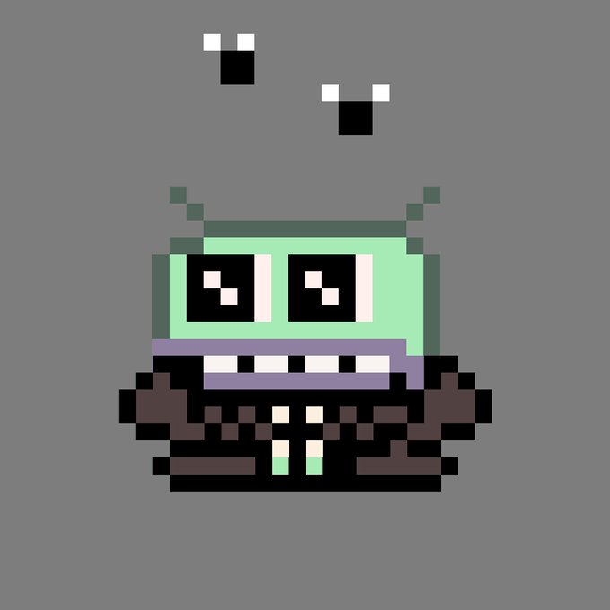 A pixel-art illustration depicts a small green creature with large eyes and antennae, appearing to read a brown book, with two pairs of eyes floating above it.