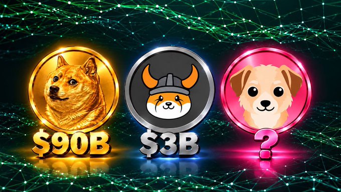 Three cryptocurrency coin graphics are displayed against a digital network background, featuring a Shiba Inu doge coin valued at $90B, a Floki coin valued at $3B, and an unidentified dog coin marked with a question mark.