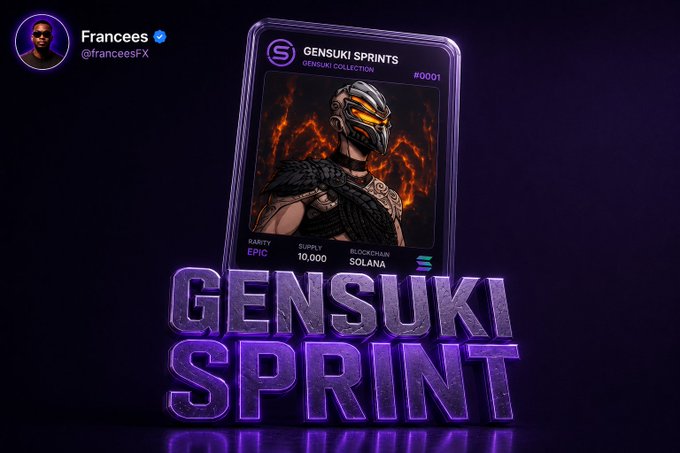 A promotional graphic displays the Gensuki Sprints NFT Collection (#0001), featuring an Epic rarity character card with a supply of 10,000 on the Solana blockchain, posted by Franees (@franeesFX) to highlight the project's recent over 100% floor price surge in 7 days.