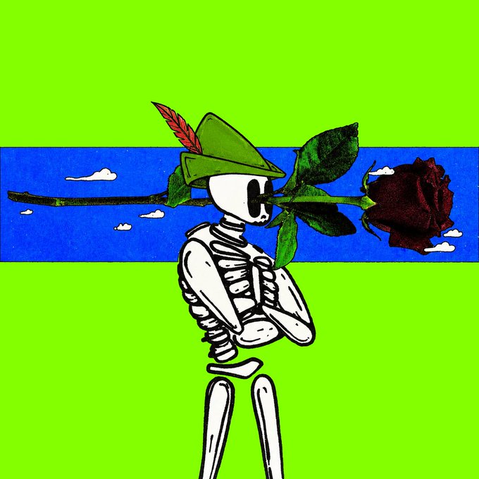 A vibrant illustration of a skeleton wearing a green hat with a red feather, holding a dark red rose against a bright green background with a blue strip containing clouds.